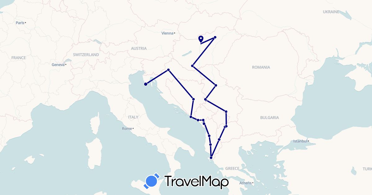 TravelMap itinerary: driving in Albania, Bosnia and Herzegovina, Croatia, Hungary, Montenegro, Macedonia, Serbia (Europe)